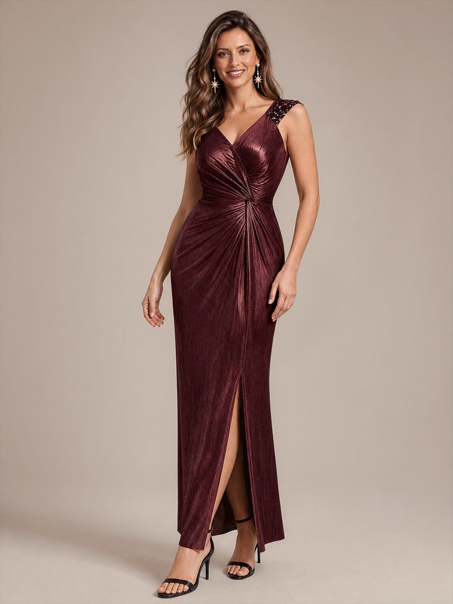 Metallic Knit Sleeveless Bodycon Evening Dress_Mahogany Brown