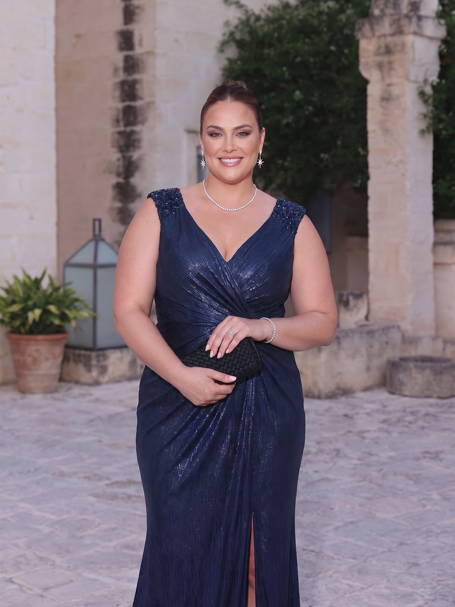 Plus Size Metallic Knit Sleeveless Evening Dress #color_Navy Blue