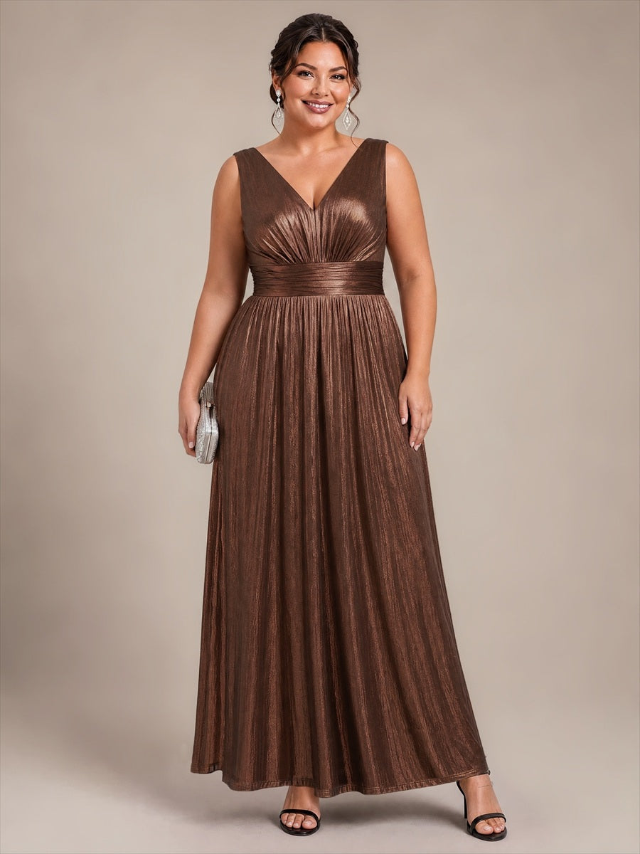 Metallic Knit Sleeveless A-Line Evening Dress #color_Chocolate Brown