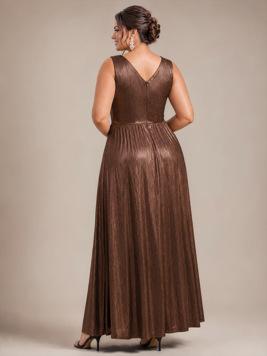 Metallic Knit Sleeveless A-Line Evening Dress #color_Chocolate Brown