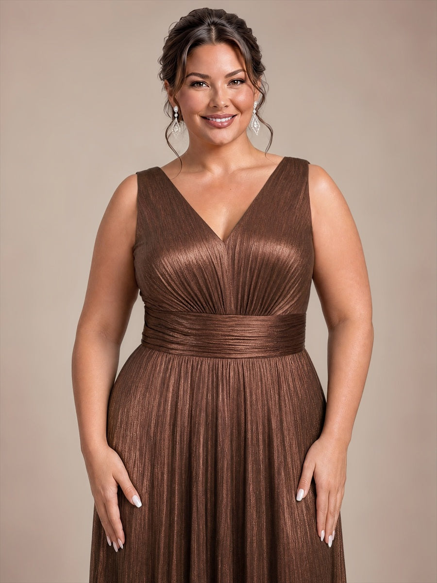 Metallic Knit Sleeveless A-Line Evening Dress #color_Chocolate Brown