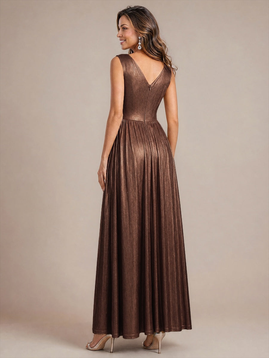 Metallic Knit Sleeveless A-Line Evening Dress #color_Chocolate Brown