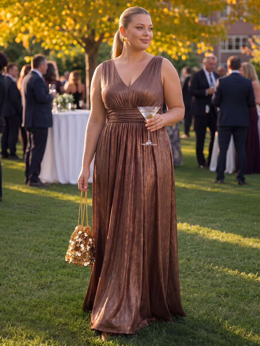 Metallic Knit Sleeveless A-Line Evening Dress #color_Chocolate Brown