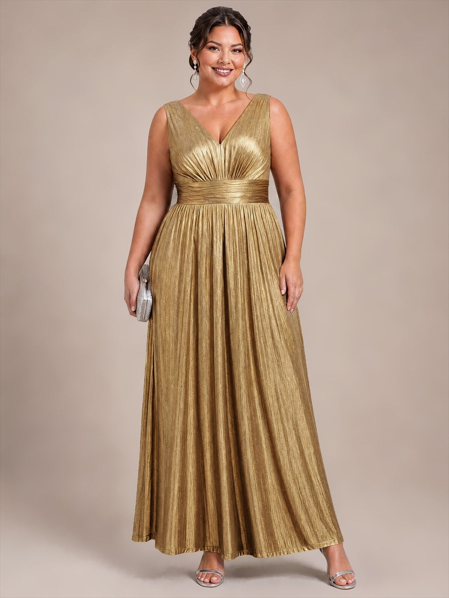 Metallic Knit Sleeveless A-Line Evening Dress #color_Gold