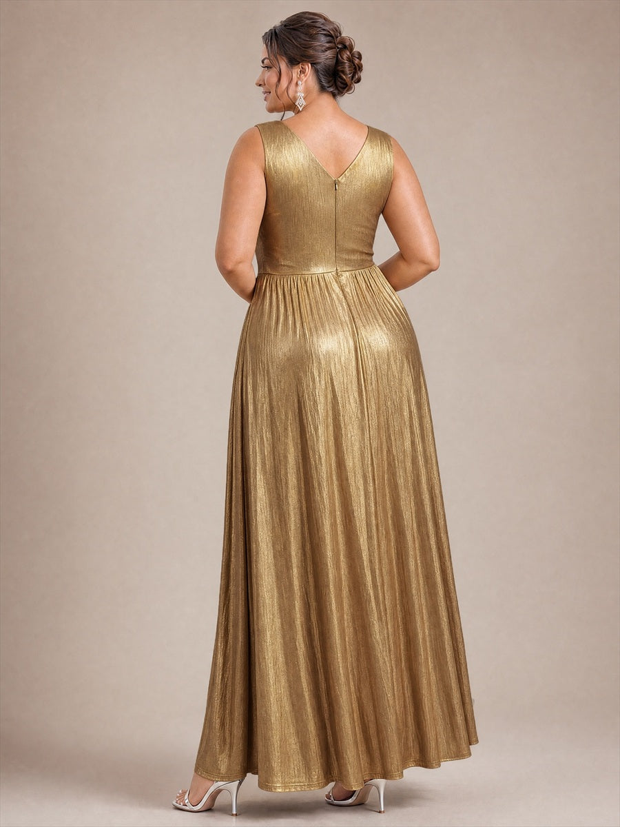Metallic Knit Sleeveless A-Line Evening Dress #color_Gold