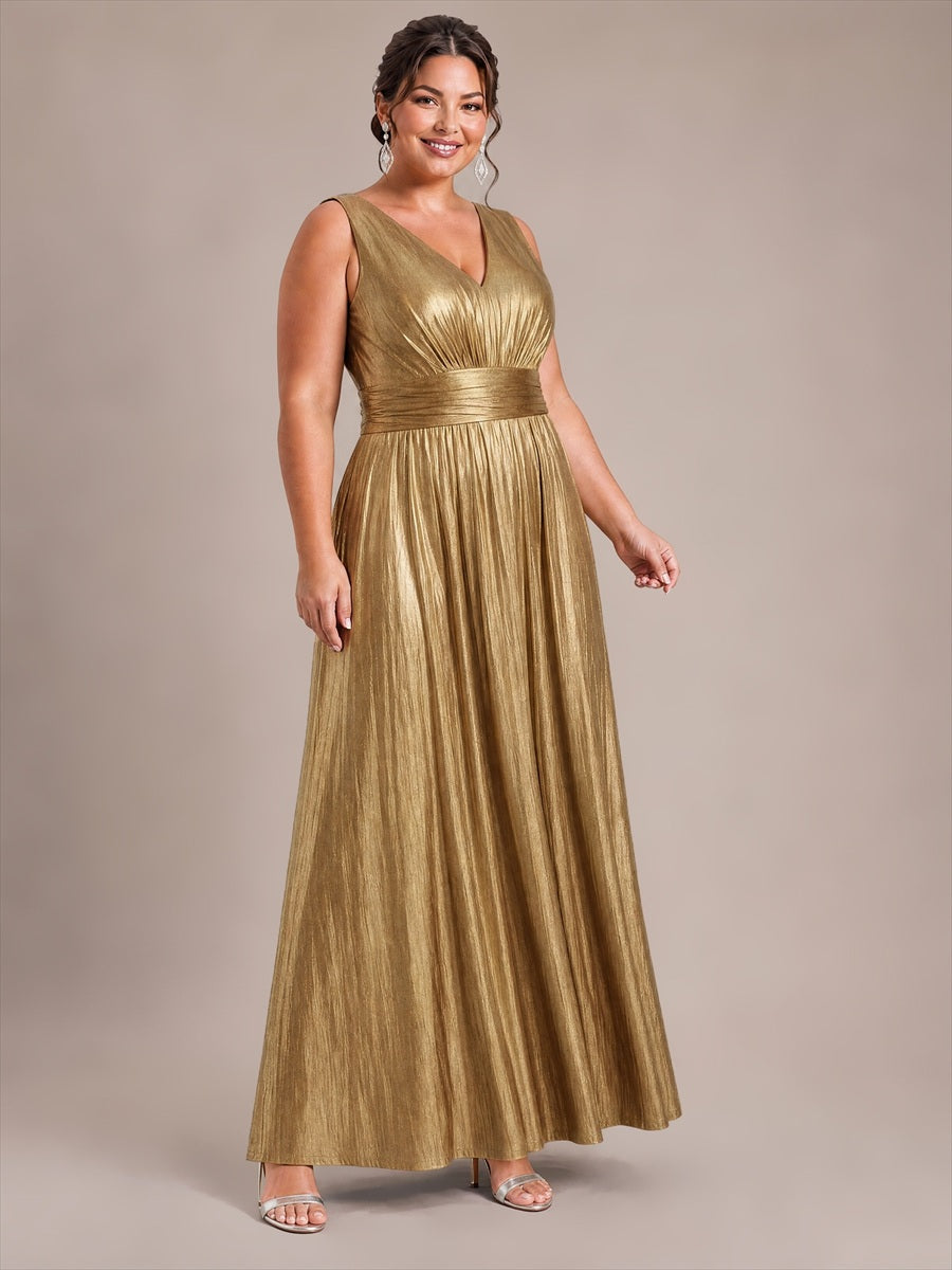 Plus Size Metallic Knit A-Line Evening Dress #color_Gold