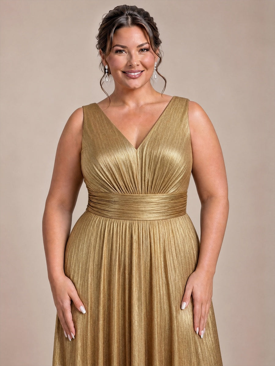 Plus Size Metallic Knit A-Line Evening Dress #color_Gold