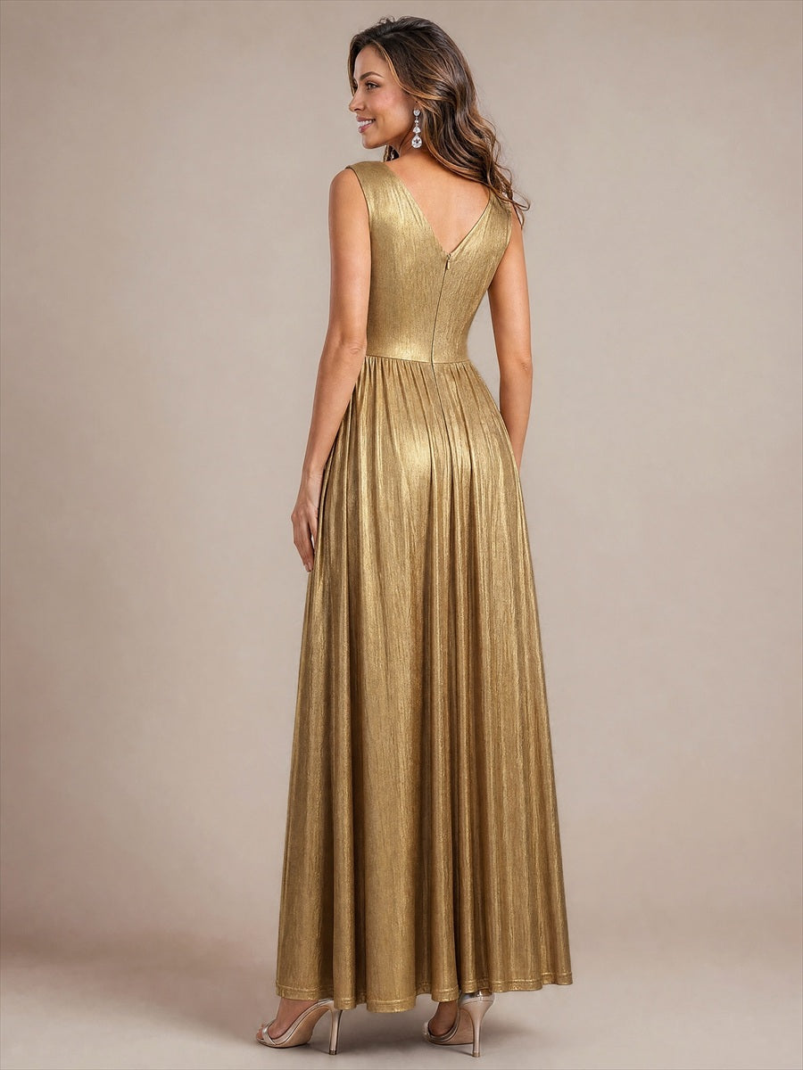 Metallic Knit Sleeveless A-Line Evening Dress #color_Gold