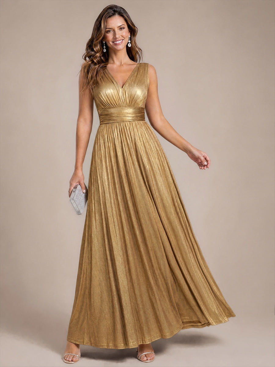 Metallic Knit Sleeveless A-Line Evening Dress #color_Gold