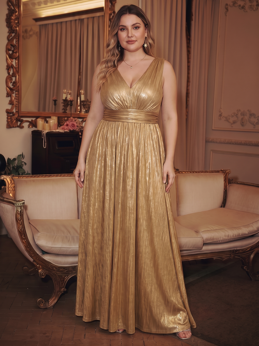 Plus Size Metallic Knit A-Line Evening Dress #color_Gold