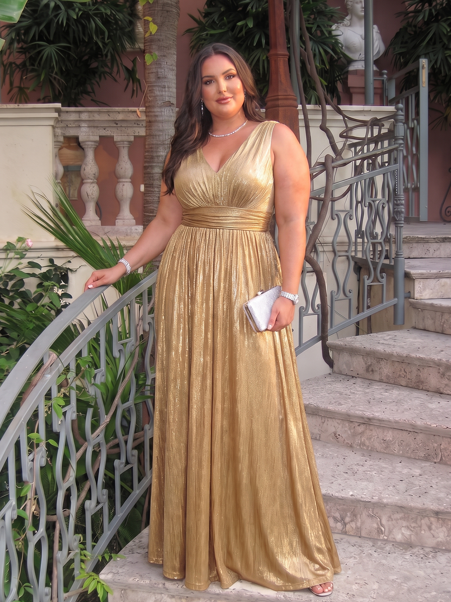 Plus Size Metallic Knit A-Line Evening Dress #color_Gold