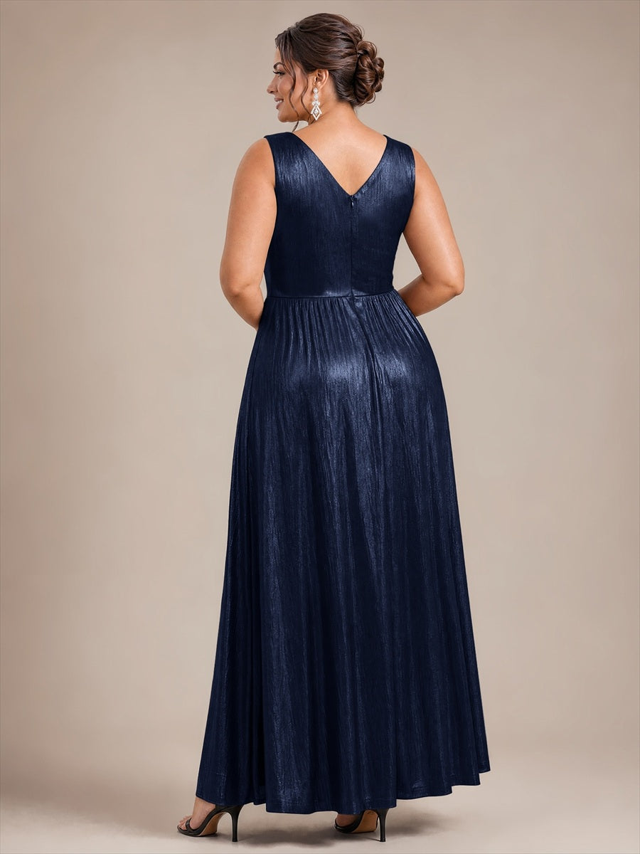 Plus Size Metallic Knit A-Line Evening Dress #color_Navy Blue