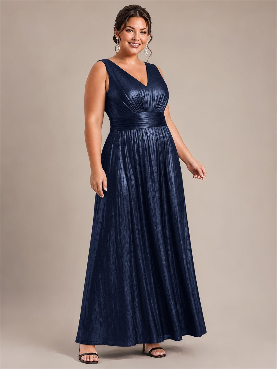 Metallic Knit Sleeveless A-Line Evening Dress #color_Navy Blue