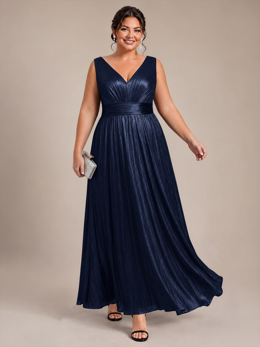Metallic Knit Sleeveless A-Line Evening Dress #color_Navy Blue