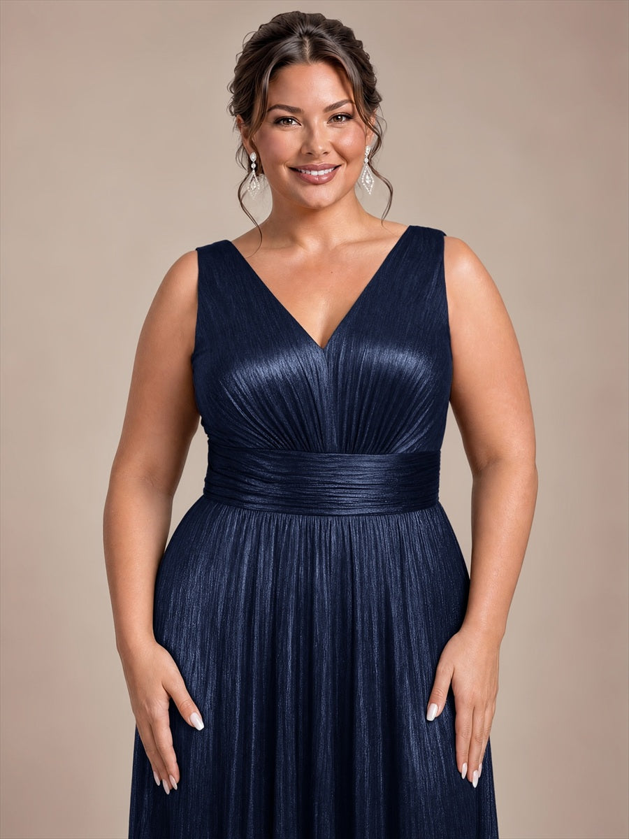 Plus Size Metallic Knit A-Line Evening Dress #color_Navy Blue