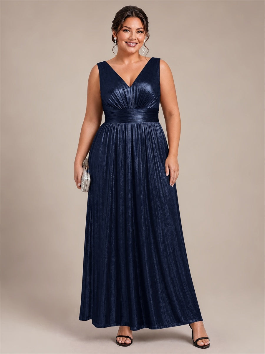 Plus Size Metallic Knit A-Line Evening Dress #color_Navy Blue