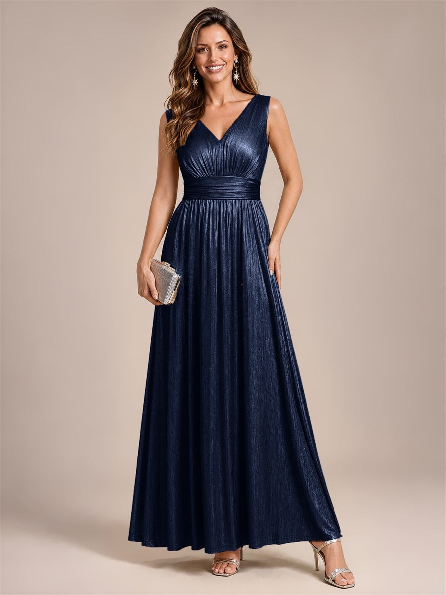 Metallic Knit Sleeveless A-Line Evening Dress #color_Navy Blue