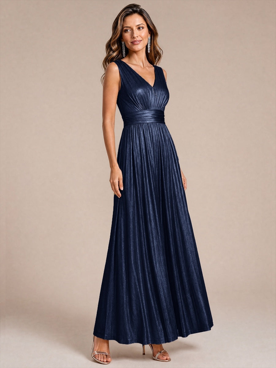 Metallic Knit Sleeveless A-Line Evening Dress #color_Navy Blue
