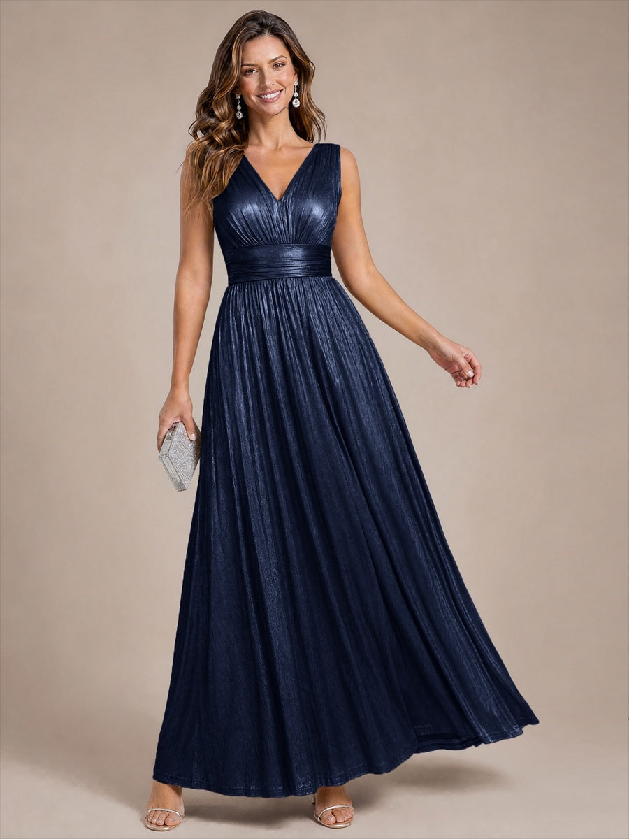Metallic Knit Sleeveless A-Line Evening Dress #color_Navy Blue
