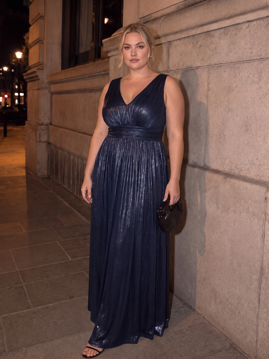 Metallic Knit Sleeveless A-Line Evening Dress #color_Navy Blue