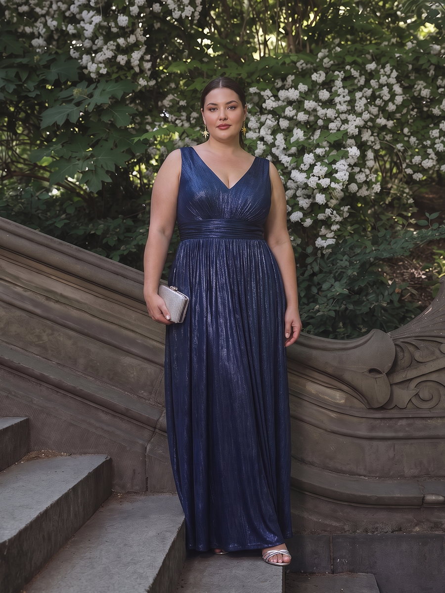 Metallic Knit Sleeveless A-Line Evening Dress #color_Navy Blue