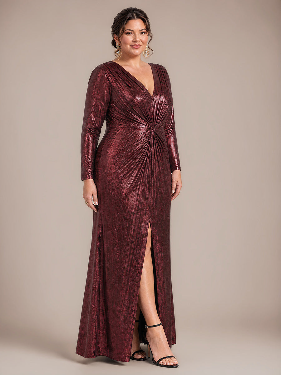Knot Detail Knit Fitted Sleeve Evening Dress #color_Mahogany Brown