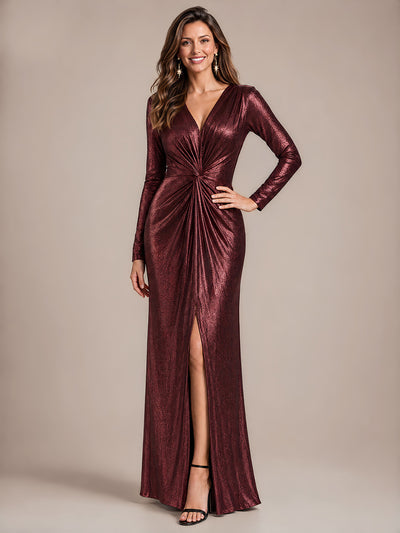 Knot Detail Knit Fitted Sleeve Evening Dress