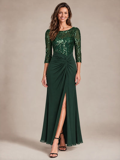 Knot Detail Sequins Fitted Sleeve Evening Dress