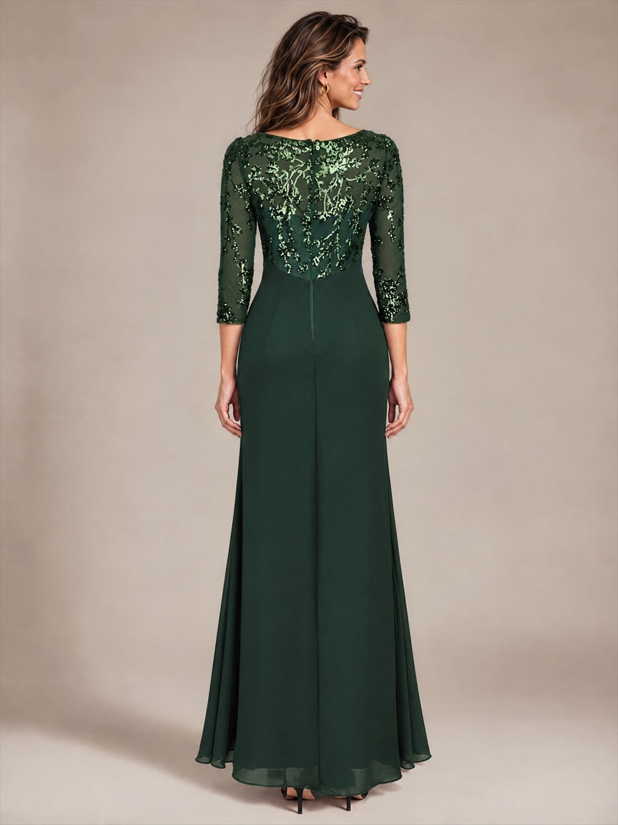 Knot Detail Sequins Fitted Sleeve Evening Dress #color_Dark Forest Green
