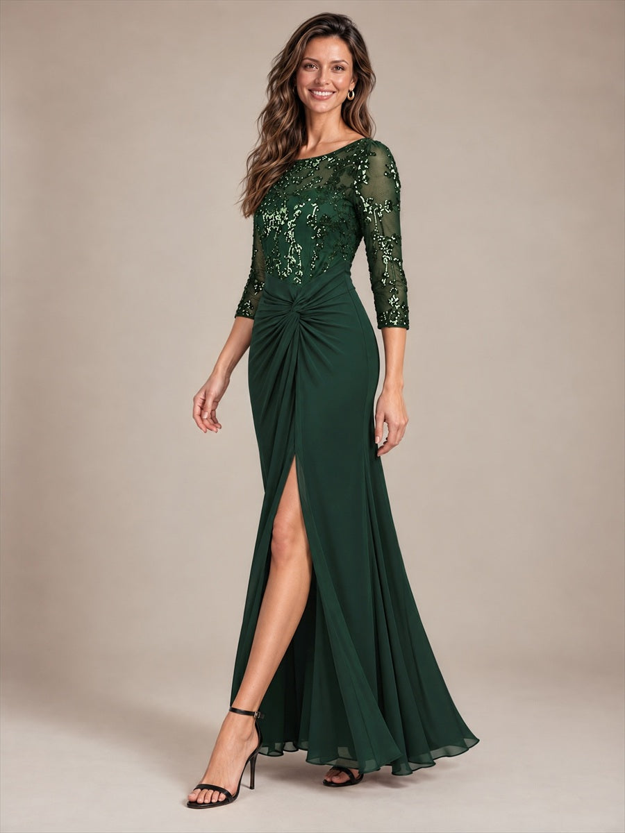 Knot Detail Sequins Fitted Sleeve Evening Dress #color_Dark Forest Green