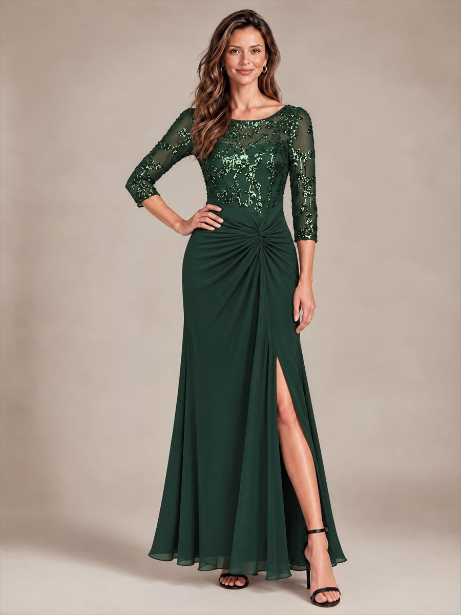 Knot Detail Sequins Fitted Sleeve Evening Dress #color_Dark Forest Green