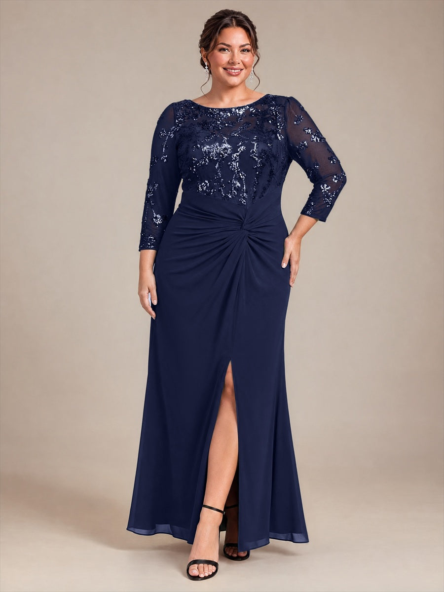 Knot Detail Sequins Fitted Sleeve Evening Dress #color_Navy Blue