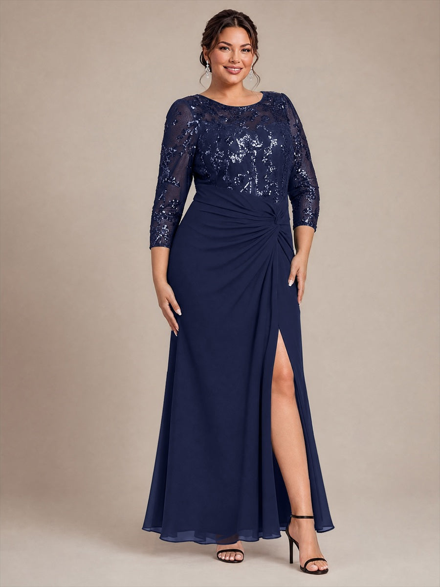 Plus Size Knot Detail Sequins Evening Dress #color_Navy Blue