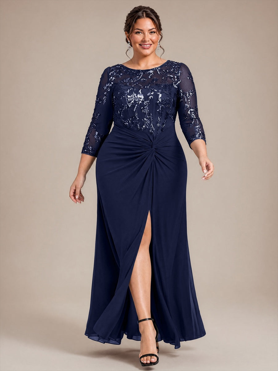 Plus Size Knot Detail Sequins Evening Dress #color_Navy Blue