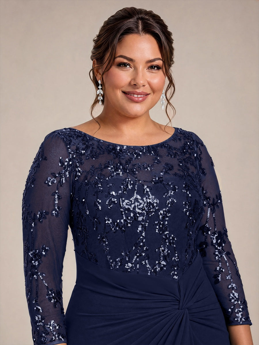 Plus Size Knot Detail Sequins Evening Dress #color_Navy Blue