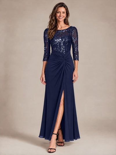 Knot Detail Sequins Fitted Sleeve Evening Dress