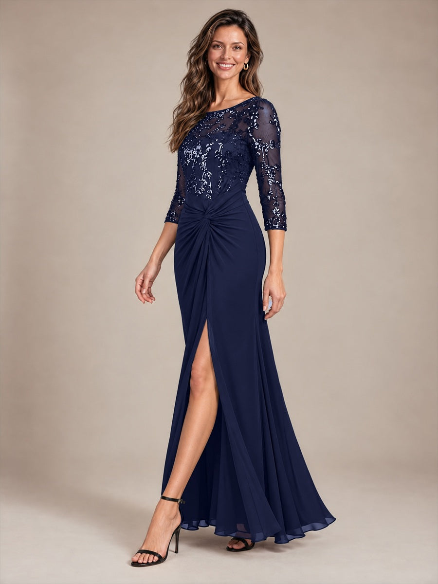 Knot Detail Sequins Fitted Sleeve Evening Dress #color_Navy Blue