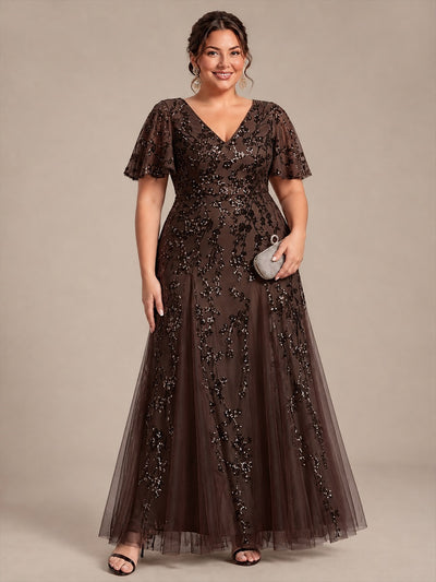 Plus Size Tiered Tulle Sequins Evening Dress