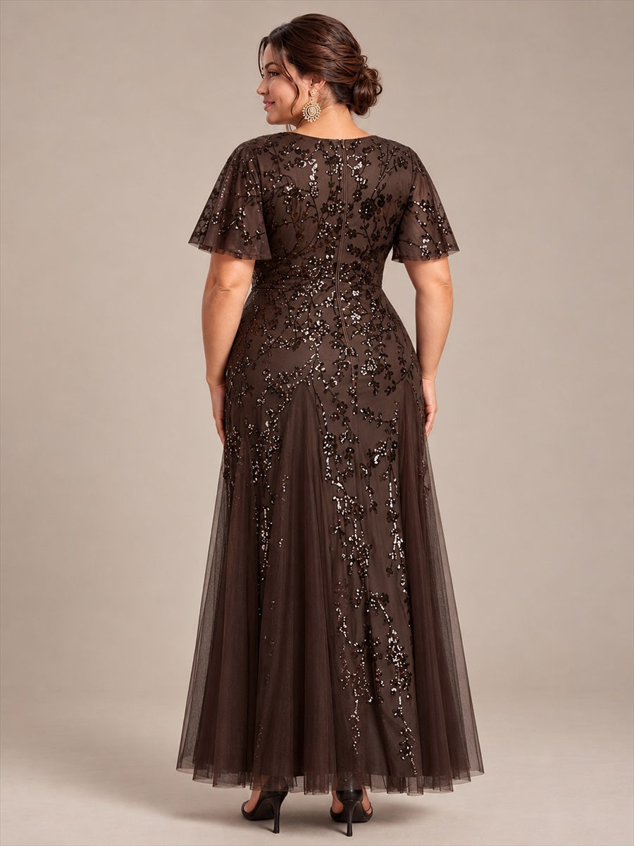 Plus Size Tiered Tulle Sequins Evening Dress #color_Chocolate Brown