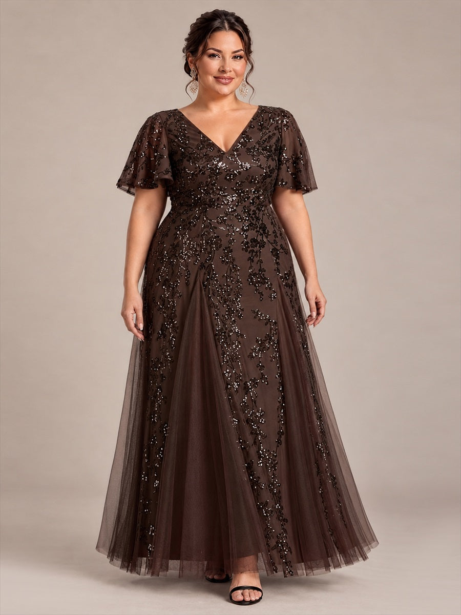 Plus Size Tiered Tulle Sequins Evening Dress #color_Chocolate Brown
