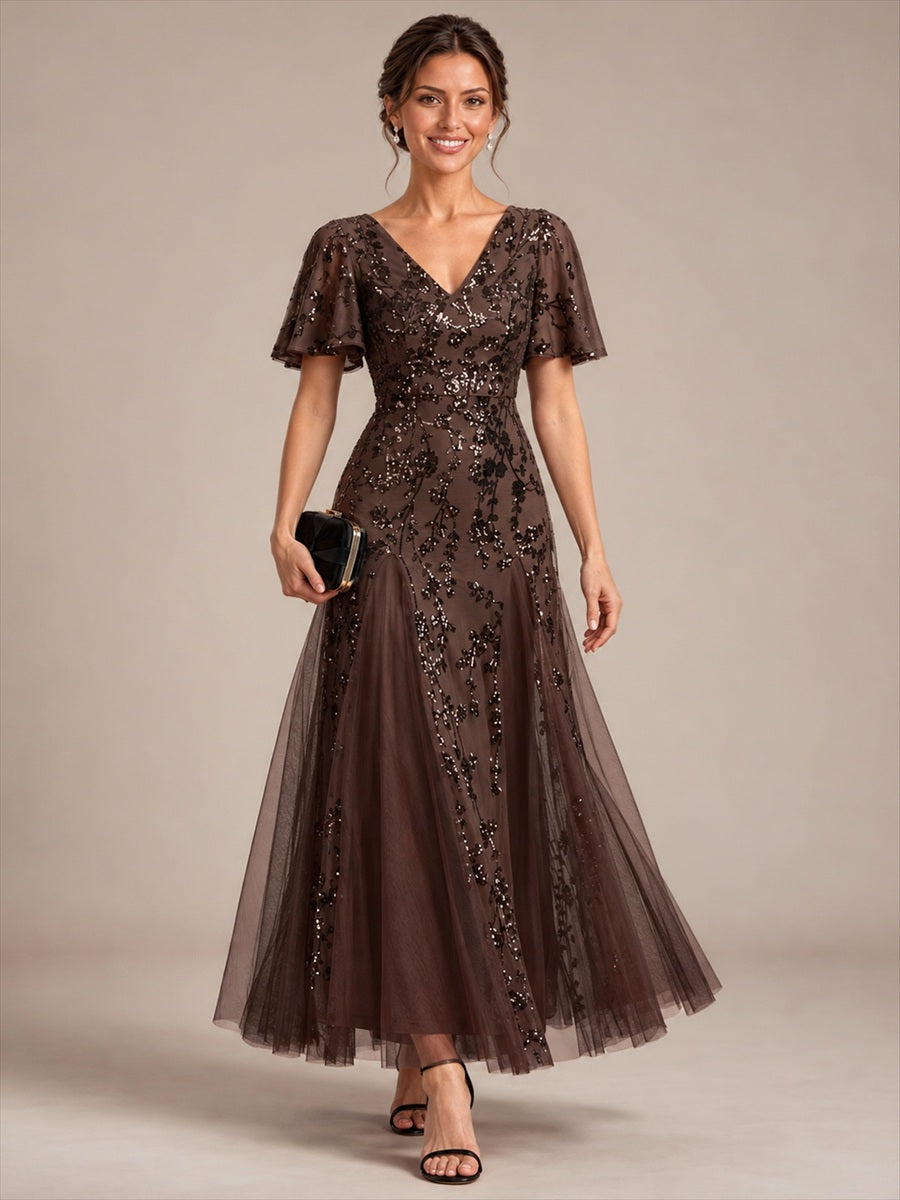 Tiered Tulle Sequins Ruffle Sleeve Evening Dress #color_Chocolate Brown