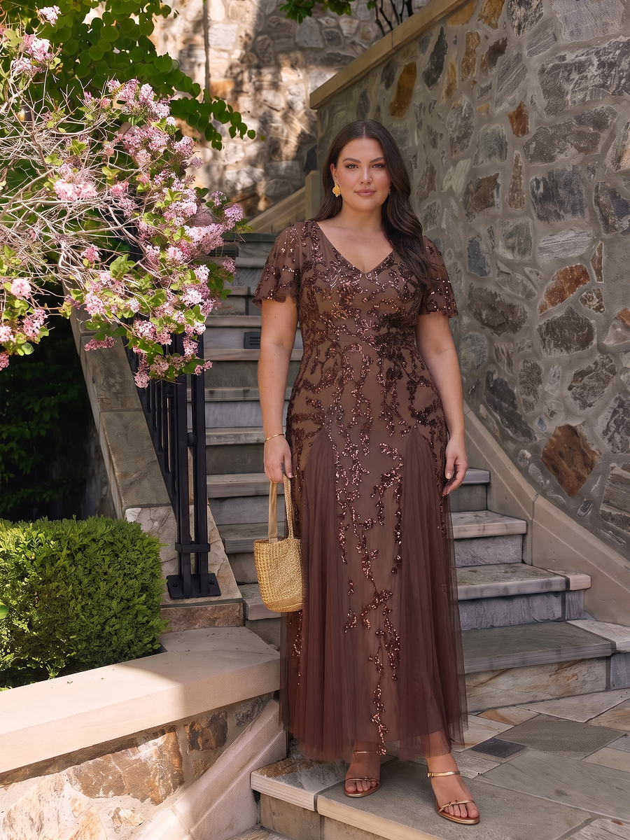 Tiered Tulle Sequins Ruffle Sleeve Evening Dress #color_Chocolate Brown