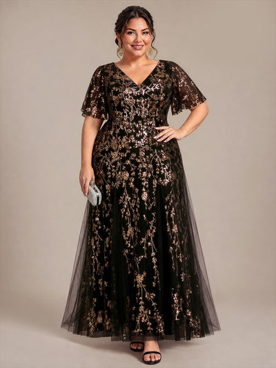 Plus Size Tiered Tulle Sequins Evening Dress