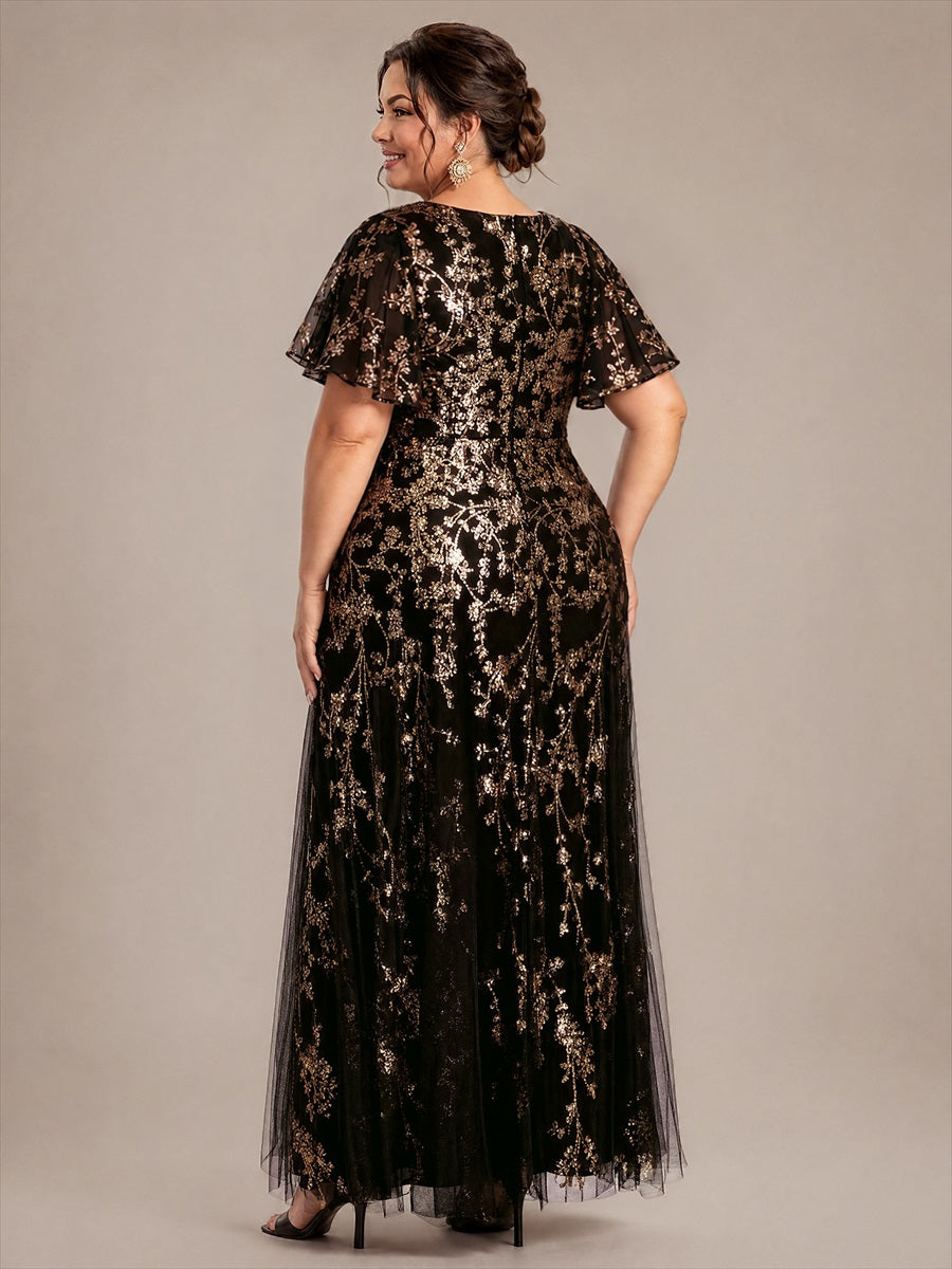 Plus Size Tiered Tulle Sequins Evening Dress #color_Black & Gold