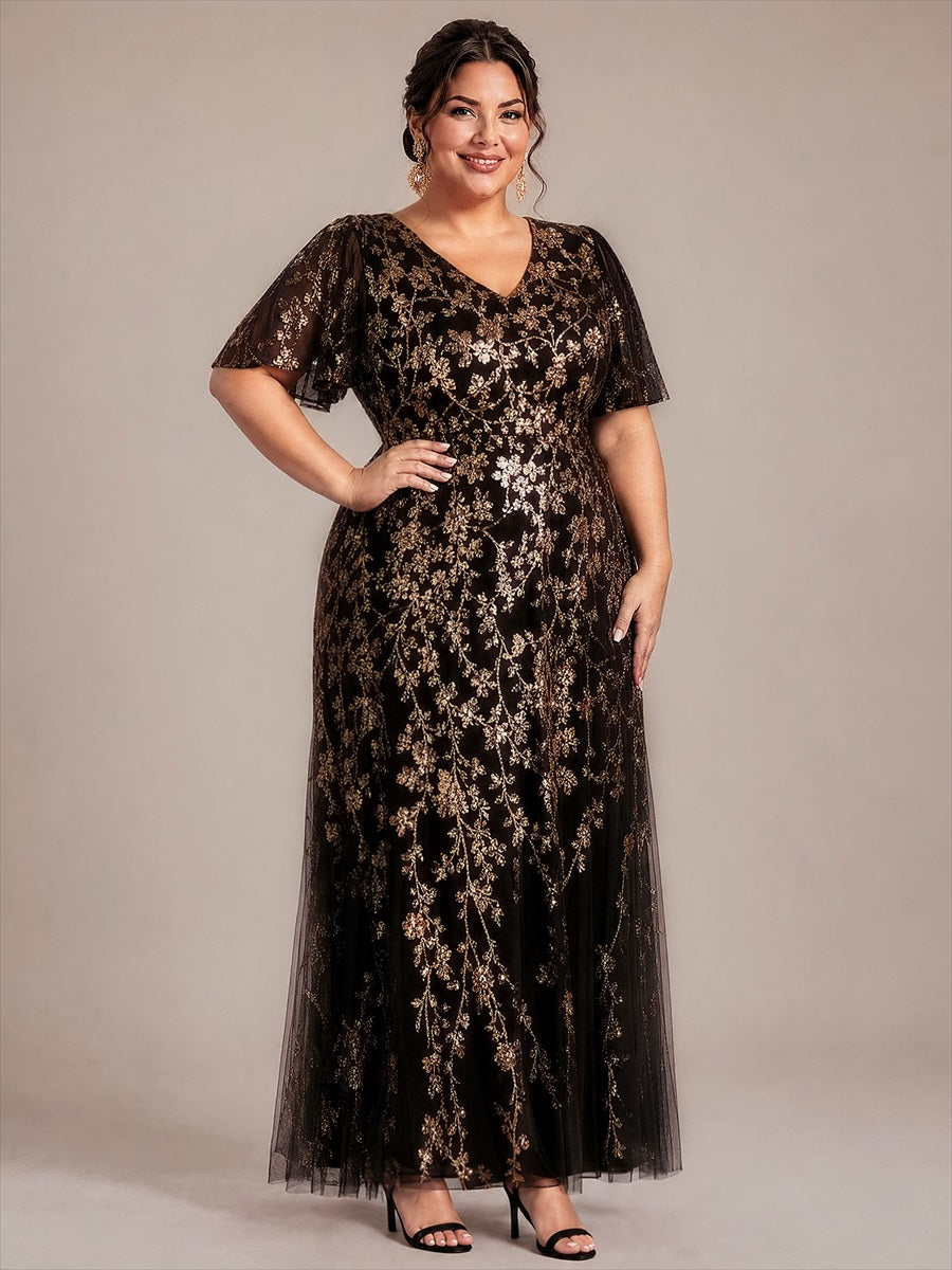 Plus Size Tiered Tulle Sequins Evening Dress #color_Black & Gold