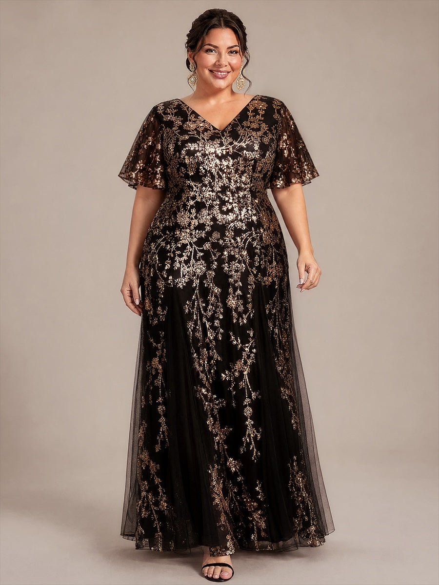 Plus Size Tiered Tulle Sequins Evening Dress #color_Black & Gold
