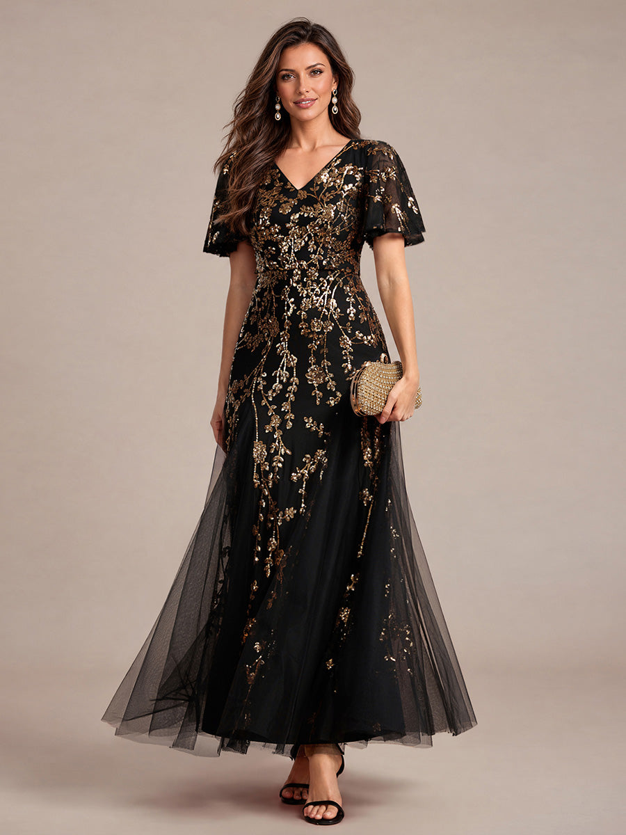Tiered Tulle Sequins Ruffle Sleeve Evening Dress #color_Black & Gold