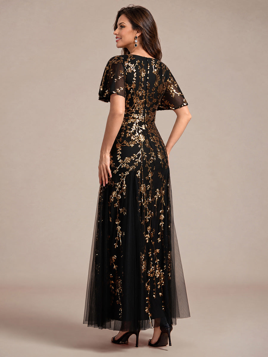 Tiered Tulle Sequins Ruffle Sleeve Evening Dress #color_Black & Gold