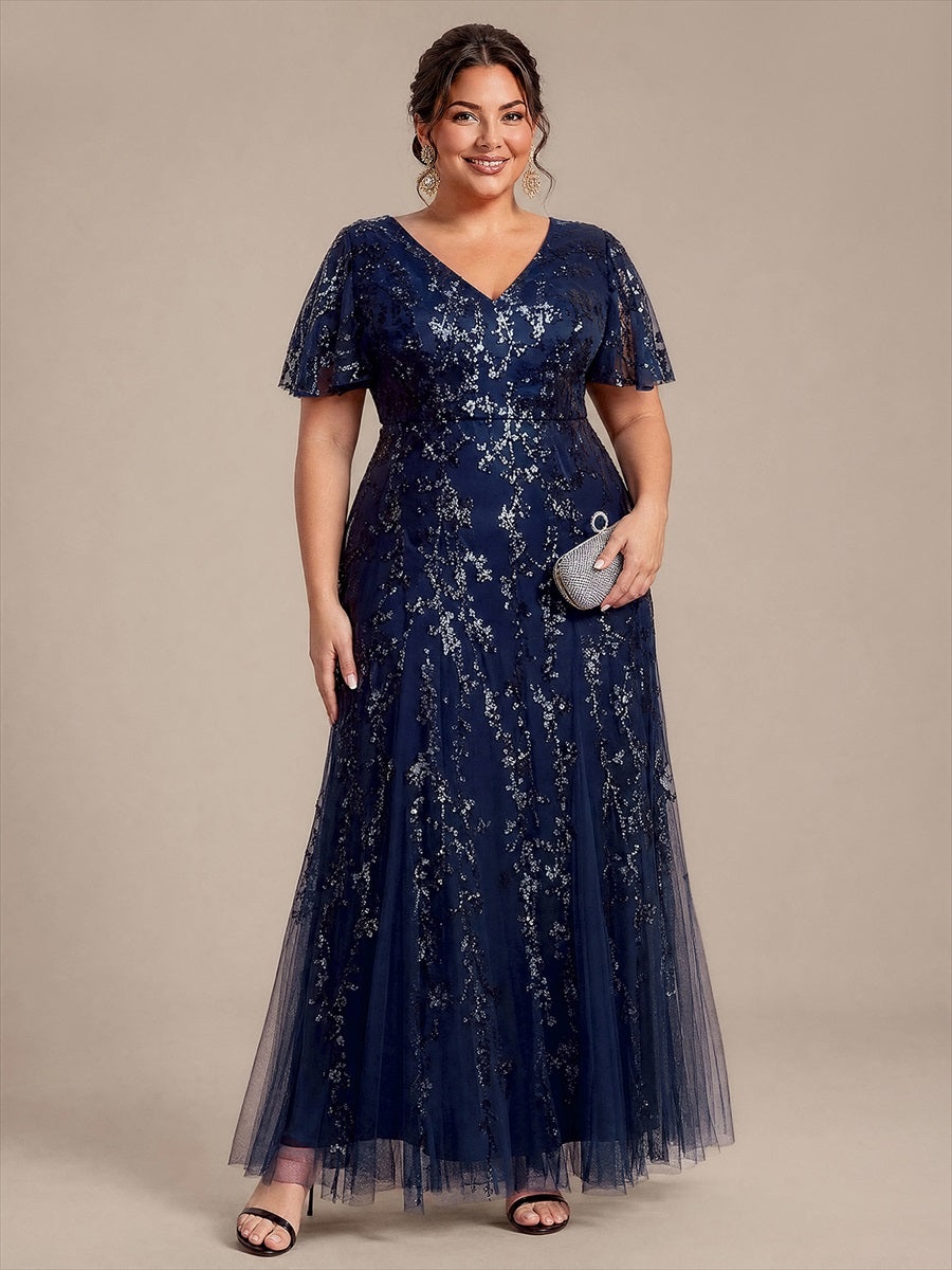 Plus Size Tiered Tulle Sequins Evening Dress #color_Navy Blue