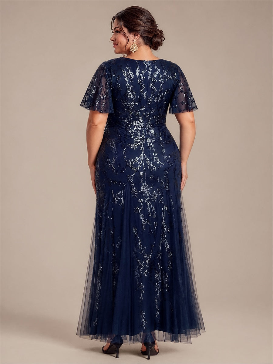 Plus Size Tiered Tulle Sequins Evening Dress #color_Navy Blue